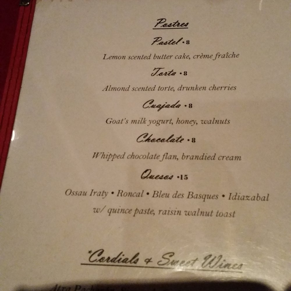 Txikito - Dessert memu - Basque Near Me - New York, New York Txikito - Dessert memu - Basque Near Me - New York, New York