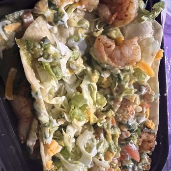 Cali Burrito - Lawton - Taco salad shrimp you can also see sour cream and Guac on it. - Mexican Near Me - Lawton, Oklahoma
