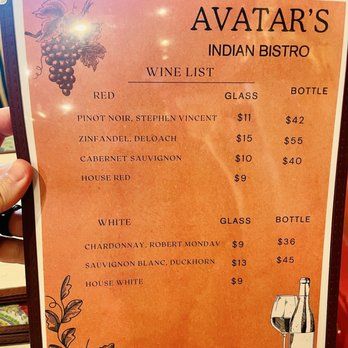 Avatar Indian Bistro - Wine list 7/24/25 - no corkage fee for outside wines (check out mount saint joseph a few doors down!) - Indian Near Me - Granite Bay, California