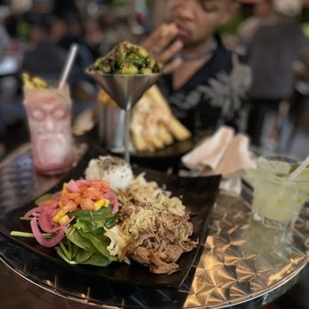 Down the Hatch Maui - Hawaiian pork plate (small)  Bacon and Brussels sprouts  Lava lava chicken sandwich. - Seafood Near Me - Lahaina, Hawaii