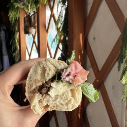 a hand holding a sandwich