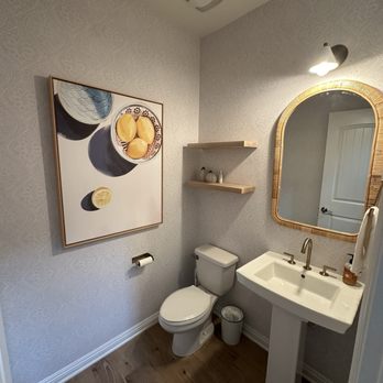 GWS Painting - Powder Bathroom: wallpaper and install of hardware, mirror, shelves and plumbing - Painters Near Me GWS Painting - Powder Bathroom: wallpaper and install of hardware, mirror, shelves and plumbing - Painters Near Me