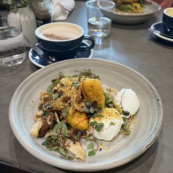 Five5eeds - Local mushrooms and polenta with 2 poached eggs on the side. Chai latte. - Coffee & Tea Near Me - Park City, Utah