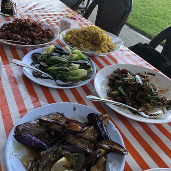 Nomad Asian Bistro - Eggplant, Mongolian beef, bok choy with shiitake mushrooms, Orange chicken and pineapple fried rice. - Chinese Near Me - Long Beach, California