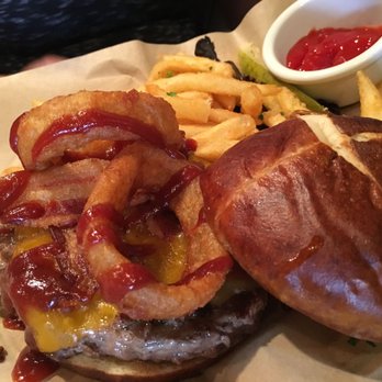 State 48 Tavern - Cowboy burger ($12) - angus beef, bacon, onion rings, cheddar cheese, smothered in housemate BBQ sauce - Sports Bars Near Me - Page, Arizona State 48 Tavern - Cowboy burger ($12) - angus beef, bacon, onion rings, cheddar cheese, smothered in housemate BBQ sauce - Sports Bars Near Me - Page, Arizona