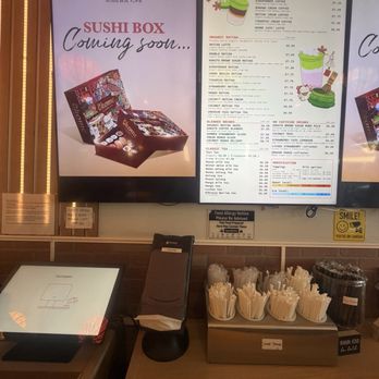 OKOME すし - Menu and sushi box sign - Coffee & Tea Near Me - Fresno, California
