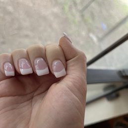 French tip dip nails. Got them done 4 days ago and they are already chipping. Top coat is chipping off and top of all nails is rough.