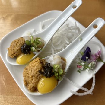 King Sushi - Uni Spoon - Uni, quail egg, fresh chopped scallop, osetra caviar, negi, sweet soy - Sushi Bars Near Me - Jackson, Wyoming King Sushi - Uni Spoon - Uni, quail egg, fresh chopped scallop, osetra caviar, negi, sweet soy - Sushi Bars Near Me - Jackson, Wyoming