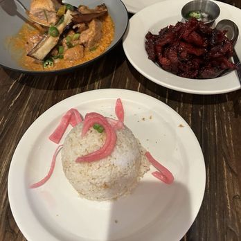 Only At Renee's - Upper left: Bicol Express(spicy with tender pork). Middle: Garlic rice. Upper right: Pork tocino (sweet glazed pork) - Filipino Near Me - Virginia Beach, Virginia Only At Renee's - Upper left: Bicol Express(spicy with tender pork). Middle: Garlic rice. Upper right: Pork tocino (sweet glazed pork) - Filipino Near Me - Virginia Beach, Virginia