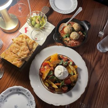 Osteria Stella - Focaccia and olives, Meatballs, and Buffalo Buratta - Italian Near Me - Knoxville, Tennessee
