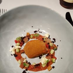 The Devonshire - Fried oz heart tomato, yarra valley perisan feta, black olive,tomato jelly and gazpacho dressing