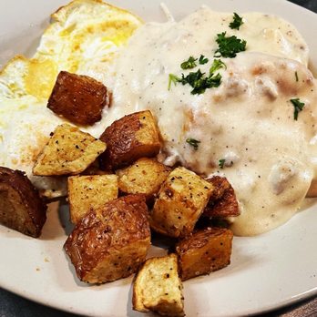 Sunset Grill - Biscuit n  gravy w/ over easy eggs - American Near Me - Fredericksburg, Texas