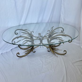 contactModern - Sheaf of wheat design gold metal base and new tempered oval glass top. - Antiques Near Me - San Antonio, Texas