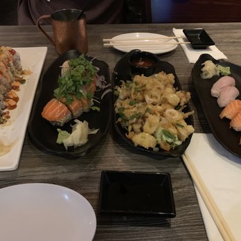 Sushi R91 - (left to right) Hot Night roll, Sunshine roll, fried calamari, yellowtail sushi, and salmon sushi - Japanese Near Me - Riverside, California