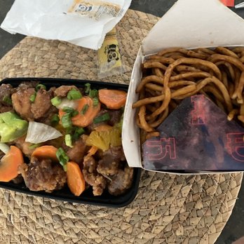 The Rice Box - Orange chicken with noodles - Asian Fusion Near Me - Houston, Texas The Rice Box - Orange chicken with noodles - Asian Fusion Near Me - Houston, Texas