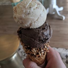 Salted Caramel Fudge and Cookies & Cream, single split cone