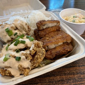 Pine Tree Cafe - Katsu dip & spicy garlic chicken w/ mac salad & white rice - Breakfast & Brunch Near Me - Kailua-Kona, Hawaii Pine Tree Cafe - Katsu dip & spicy garlic chicken w/ mac salad & white rice - Breakfast & Brunch Near Me - Kailua-Kona, Hawaii