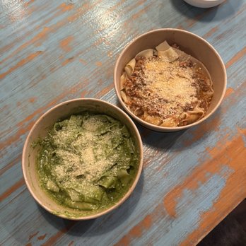 Pastiamo - pesto pappardelle (left) & bolognese + white sauce pappardelle with a side of meatballs (right) - Italian Near Me - San Diego, California Pastiamo - pesto pappardelle (left) & bolognese + white sauce pappardelle with a side of meatballs (right) - Italian Near Me - San Diego, California