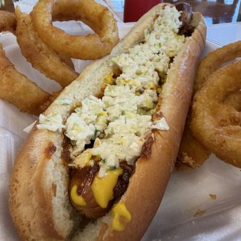 Chicken Ranch - Foot long hot dog with onion rings. - Seafood Near Me - Shelby, North Carolina Chicken Ranch - Foot long hot dog with onion rings. - Seafood Near Me - Shelby, North Carolina