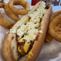 Chicken Ranch - Foot long hot dog with onion rings.