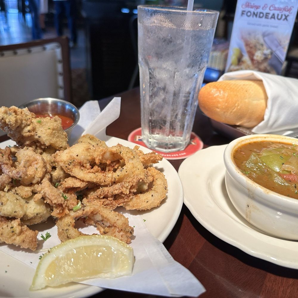 Pappadeaux Seafood Kitchen - Fried Calamari & Octopus (missing my lemon aioli and was too salty) and a cup of Shrimp Gumbo (perfect- on par with NOLA) - Seafood Near Me - Austin, Texas