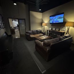 Indoor sitting area near bathrooms