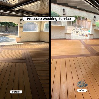 CA Wash Pros - Before and after result of pressure washing a wood deck of a residential home in Sunnyvale, California. - Pressure Washers Near Me