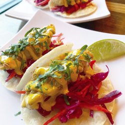 Fish tacos with spicy mayo, pickled red cabbage, cilantro