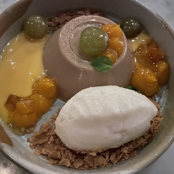 Moeca - ras el hanout milk chocolate pudding poached muscat grapes, apricot sauce, white verjus sherbet - Seafood Near Me - Cambridge, Massachusetts