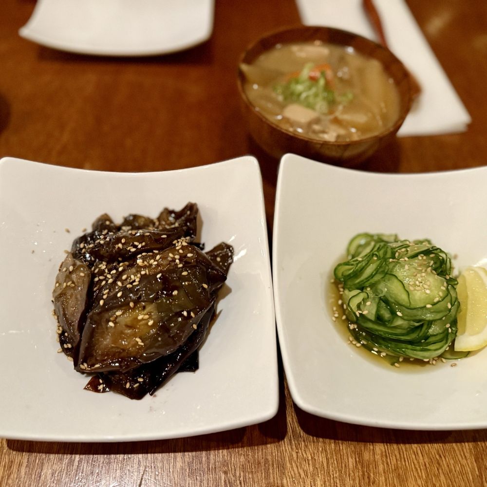 garlic eggplant, sunomono, miso soup