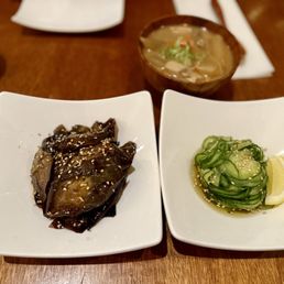 garlic eggplant, sunomono, miso soup