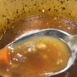 Hamburger-meatloaf soup. Has NO MEAT, vegetables only. Half a bowl $6.00