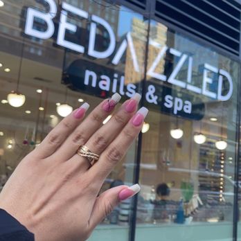 Bedazzled Nails and Spa - Pink and whit full set with design - Waxing Near Me - Chicago, Illinois
