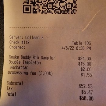 Smoke Daddy - Expensive plus they tack on a 3% processing fee regardless of how you pay. Underhanded, sneaky, not cool. Food is okay but I won't be back - Barbeque Near Me - Chicago, Illinois