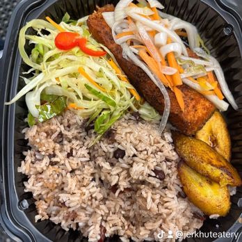 Jerk Hut Eatery - Escovi Salmon with rice and peas, cabbage, and plantains. - Caribbean Near Me - Towson, Maryland
