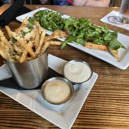 Side of fries with red pepper & garlic aoli & Steak and gruyere flatbread