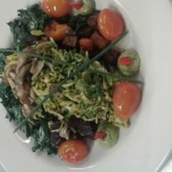 Morning Glory Multi-services - Sauteed kale with roasted butternut squash, red beets, and eggplant. topped with chiffonade brussels sprouts, oyster mushrooms and chives