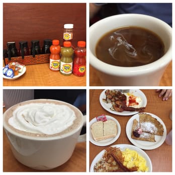 Loaded Cafe - Syrup, hot sauce, and creamer selection. Hot cocoa in the lower left. Hot coffee on the upper right  Our delicious choices! - Breakfast & Brunch Near Me - Gardena, California