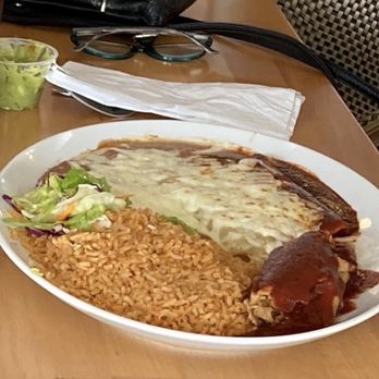 Alejandra's Authentic Mexican Food - Tamale, rice and cheese covering beans and enchiladas. Red sauce looked and tasted like mole sauce - Mexican Near Me - Visalia, California
