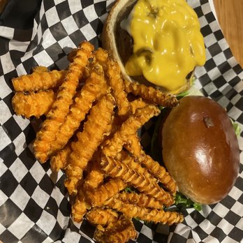 Abbey Road Tavern & Grill - The Ringo with Beyond Meat patty and Sweet Potato Fries - Bars Near Me - Cary, North Carolina