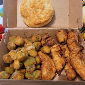 Rise Southern Biscuits & Righteous Chicken - Chicken box with fried okra - Breakfast & Brunch Near Me - Durham, North Carolina