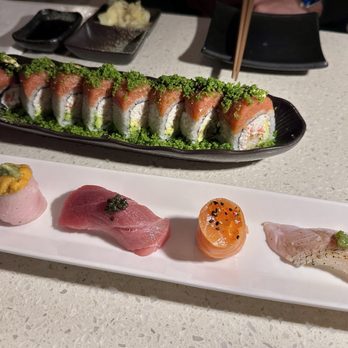 Chef JUN - Bay Ho - Hawaiian Roll (top) and Chef's Choice Nigiri (bottom) - Japanese Near Me - San Diego, California Chef JUN - Bay Ho - Hawaiian Roll (top) and Chef's Choice Nigiri (bottom) - Japanese Near Me - San Diego, California