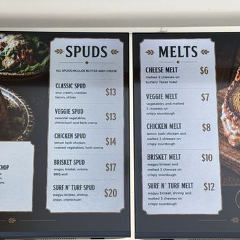 Soup N' Spud - Part of the menu for the spuds and melts at Soup N Spuds - Soup Near Me - Tustin, California