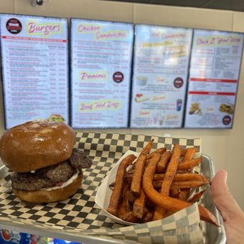 Cali Stack Burgers & Grill - Gyro burger w sweet potato fries (.50 extra) - Cheesesteaks Near Me - Lakeside, California Cali Stack Burgers & Grill - Gyro burger w sweet potato fries (.50 extra) - Cheesesteaks Near Me - Lakeside, California