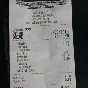Baker's Drive-Thru - Receipt showing we ordered the veggie. They wasted my money and my time. Thumbs down. - Fast Food Near Me - Riverside, California