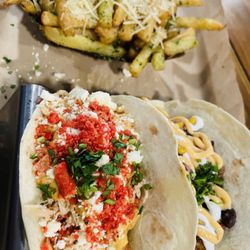 Taco Darlin - Parmesan fries, fried avocado taco, elote chicken taco