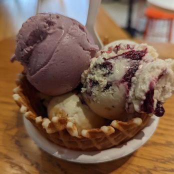 Jeni's Splendid Ice Creams - Trio (3 scoops - wild berry lavender, ooey gooey cake, and bramble berry) in a waffle bowl - Ice Cream & Frozen Yogurt Near Me - Chicago, Illinois Jeni's Splendid Ice Creams - Trio (3 scoops - wild berry lavender, ooey gooey cake, and bramble berry) in a waffle bowl - Ice Cream & Frozen Yogurt Near Me - Chicago, Illinois