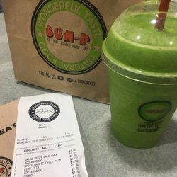 BUN-D - Our lunch today one spicy chicken pita with avocado and a green monster smoothie, one spicy chicken salad with avocado and a hulk smoothie.