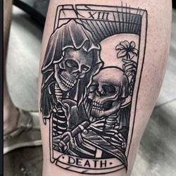 Tarot card-inspired "Death" design with two skulls and skeletons in a rectangular frame labeled with "XIII" and "DEATH" text