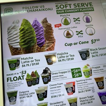 Matcha Cafe Maiko - Menu with special flavors - Menu board at Matcha Cafe Maiko in Paramus, NJ, featuring matcha soft serve, seasonal flavors, and specialty drinks like lattes and frappes. - Ice Cream & Frozen Yogurt Near Me - Paramus, New Jersey